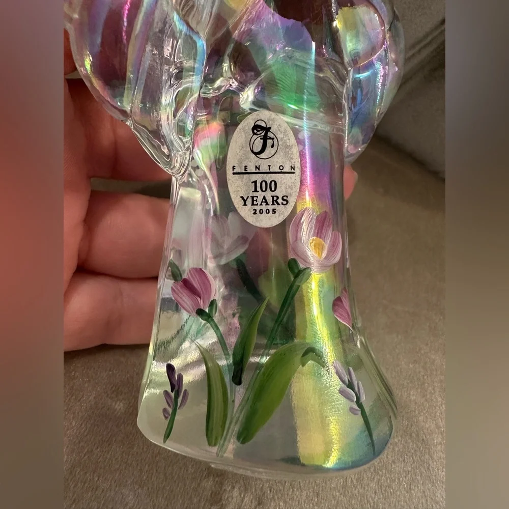 Fenton Angel Iridescent Jewel Cross Hand Painted Flowers 4.75